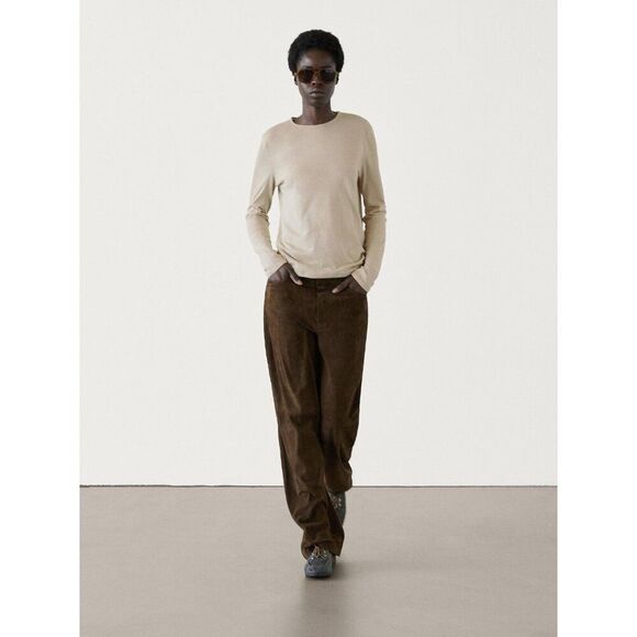 Massimo Dutti Womens Pants M Olive Green Suede Leather Straight